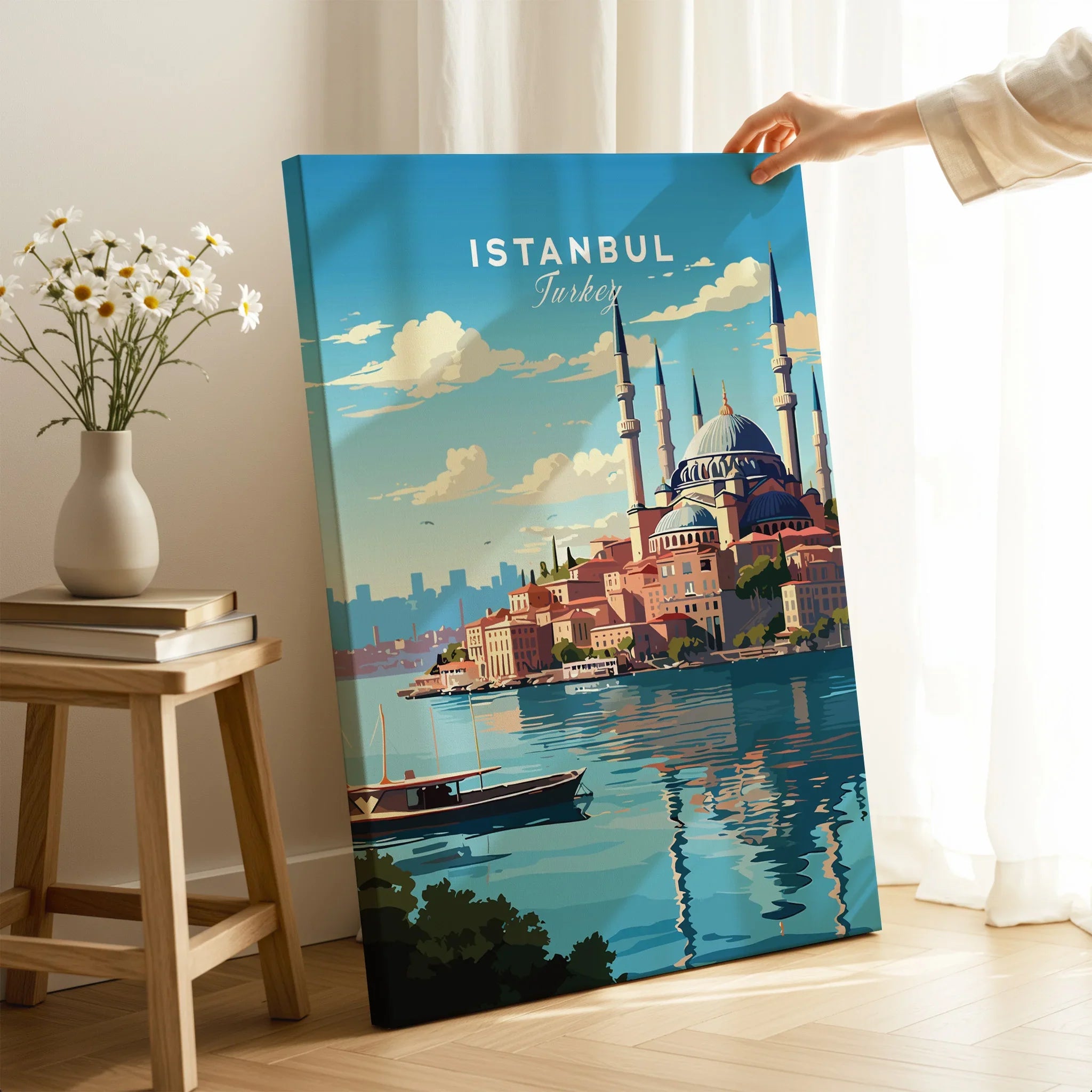 Istanbul Turkey travel poster canvas art with skyline, mosque, and waterfront for home decor