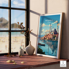 Istanbul Turkey travel poster with Blue Mosque, city skyline, and waterfront, perfect for home wall art decor.
