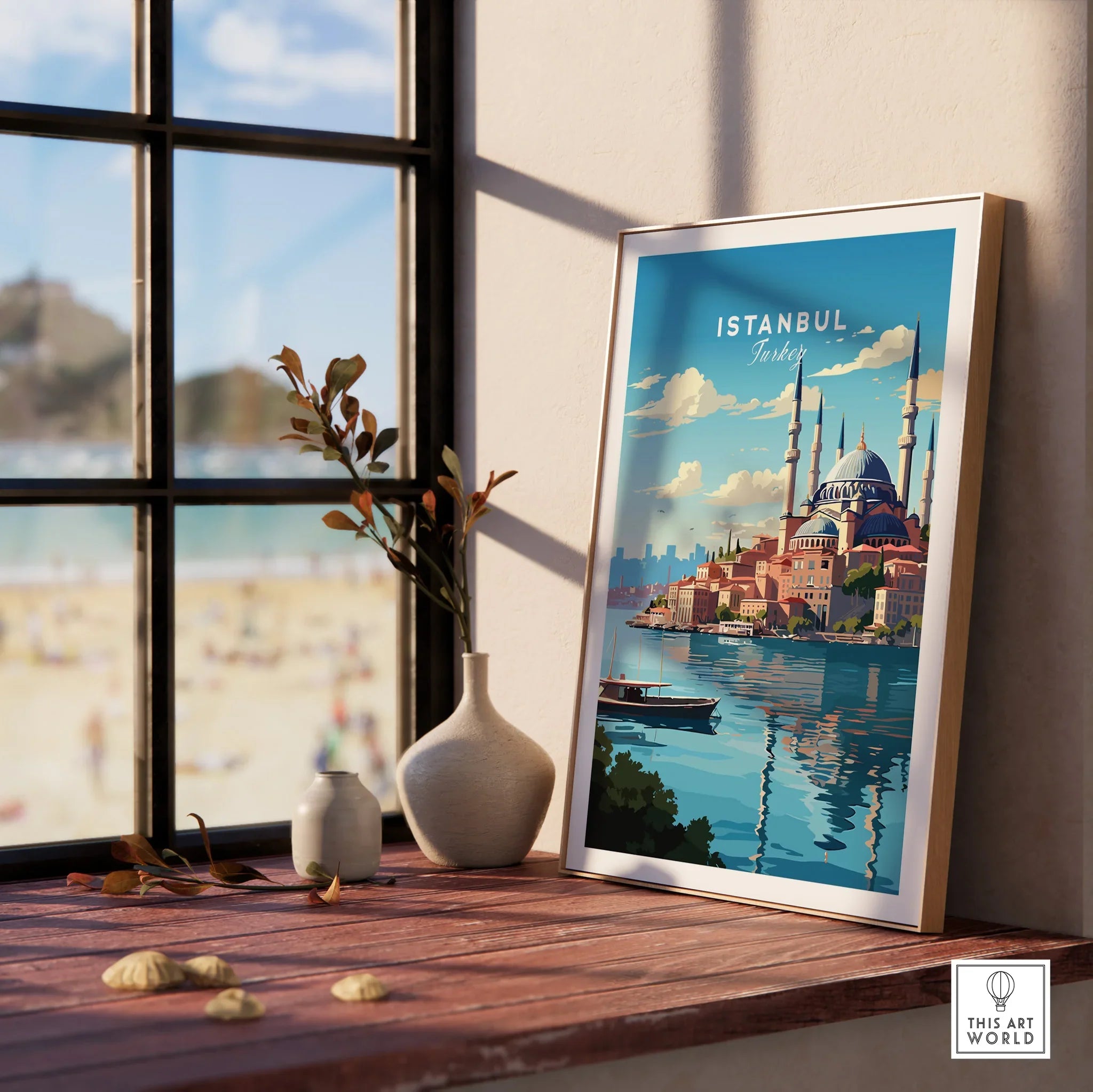 Istanbul Turkey travel poster with Blue Mosque, city skyline, and waterfront, perfect for home wall art decor.
