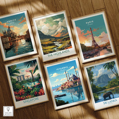 Framed travel posters of Venice, Paris, Singapore, Istanbul, Sri Lanka, and The Highlands for wall art decor
