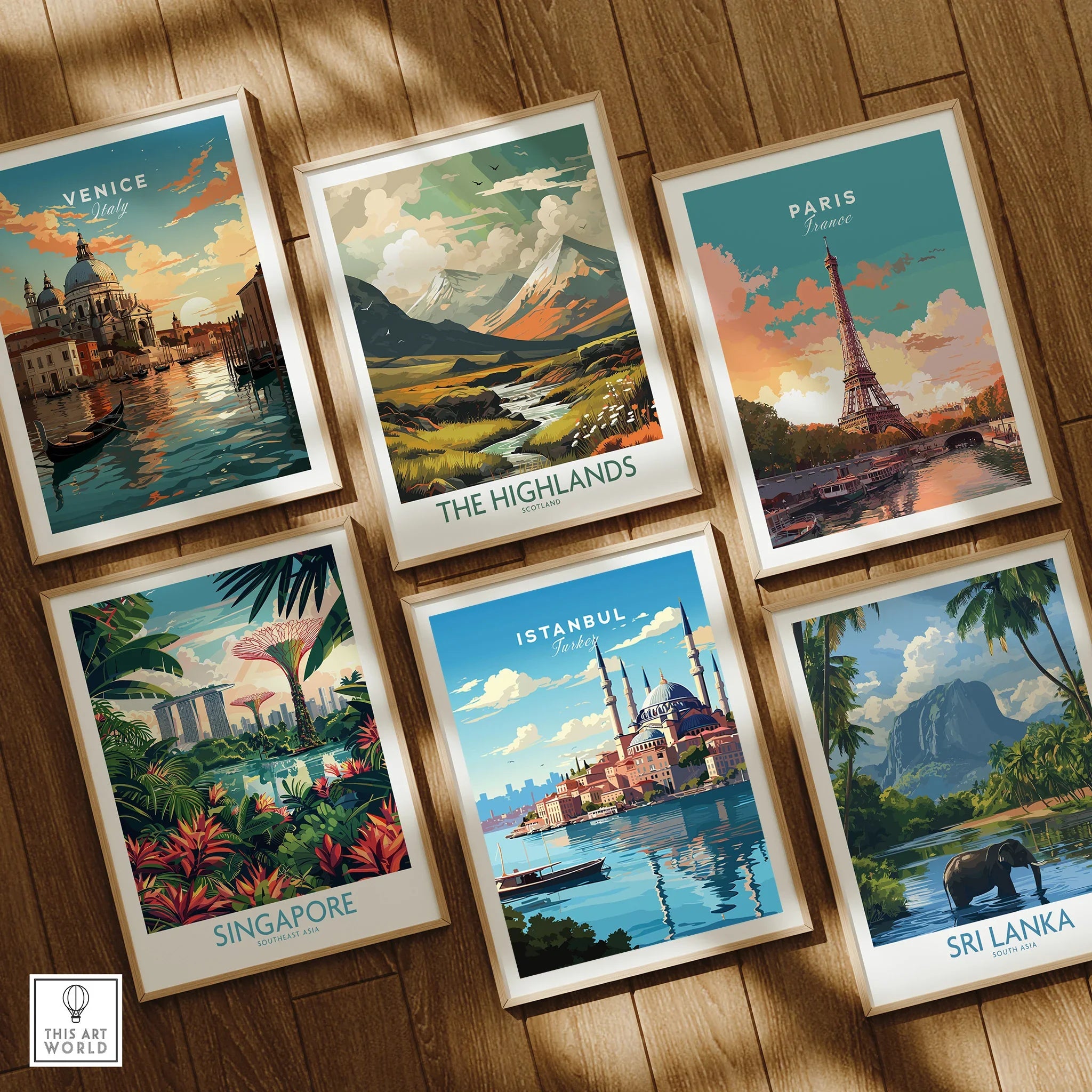 Framed travel posters of Venice, Paris, Singapore, Istanbul, Sri Lanka, and The Highlands for wall art decor