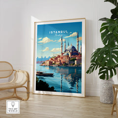 Istanbul Turkey travel poster with mosque skyline, waterfront, and boat, framed wall art for home decor