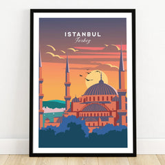 Istanbul Turkey travel poster with mosque skyline at sunset, framed wall art for home decor