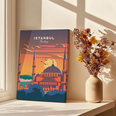 Istanbul Turkey travel poster wall art with sunset skyline, perfect for home decor