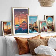Framed travel posters of Istanbul, Paris, Copenhagen, Tokyo, and Barcelona for home wall art decor