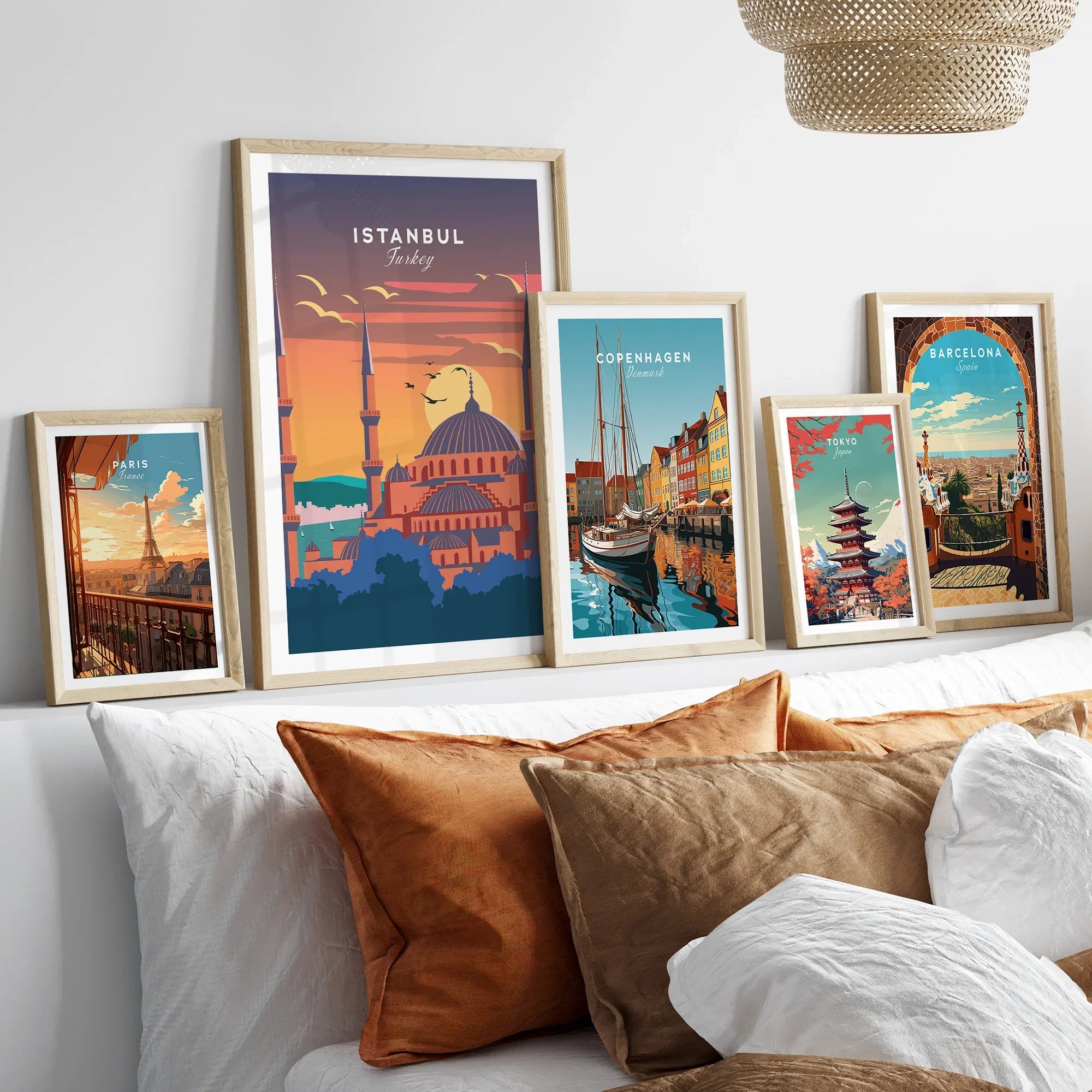 Framed travel posters of Istanbul, Paris, Copenhagen, Tokyo, and Barcelona for home wall art decor