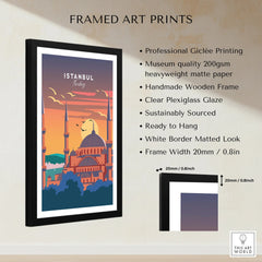 Istanbul Turkey travel poster art print in black frame, sunset skyline with mosque, ready to hang wall decor