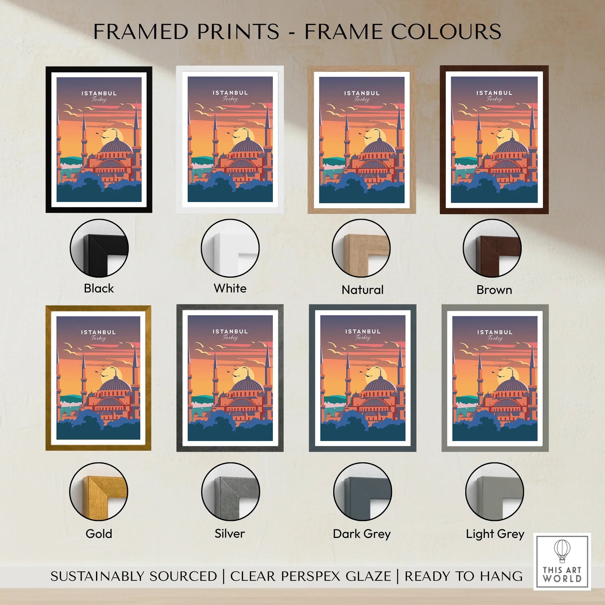 Istanbul Turkey travel poster in eight frame colors: black, white, natural, brown, gold, silver, dark grey, light grey