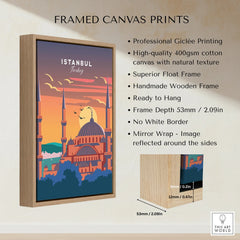 Istanbul Turkey travel poster wall art in wooden frame, sunset skyline with mosque domes and minarets