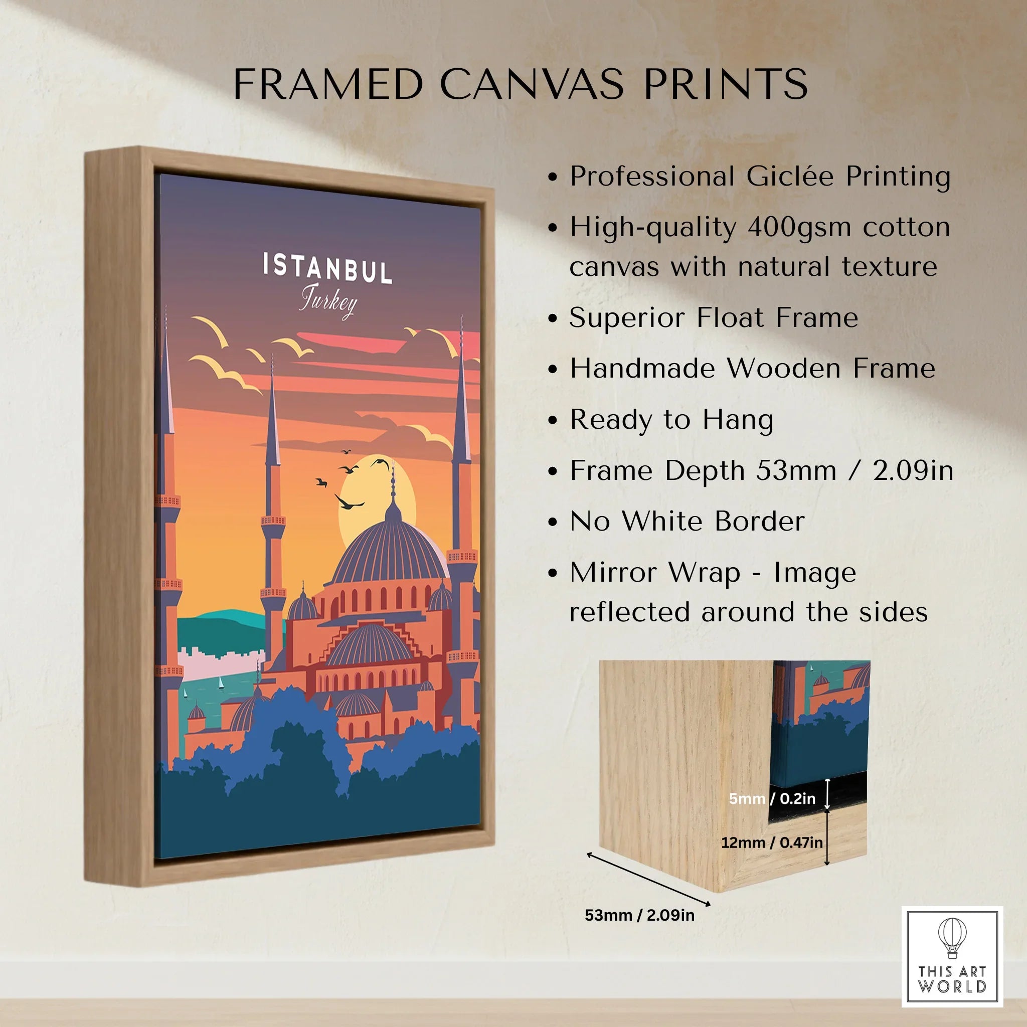 Istanbul Turkey travel poster wall art in wooden frame, sunset skyline with mosque domes and minarets