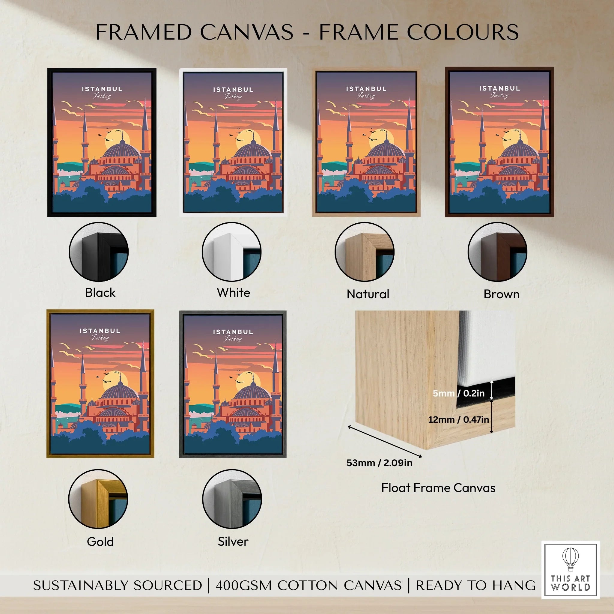 Istanbul travel poster in black, white, natural, brown, gold, and silver frames. Float frame canvas, ready to hang.