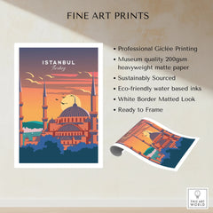 Istanbul Turkey travel poster art print with sunset skyline, mosque domes, and white border, ready to frame