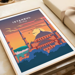 Istanbul Turkey travel poster with mosque skyline at sunset, perfect wall art for home decor