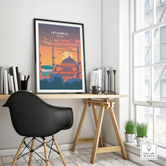 Istanbul Turkey travel poster with skyline art, perfect for home decor and wall art.