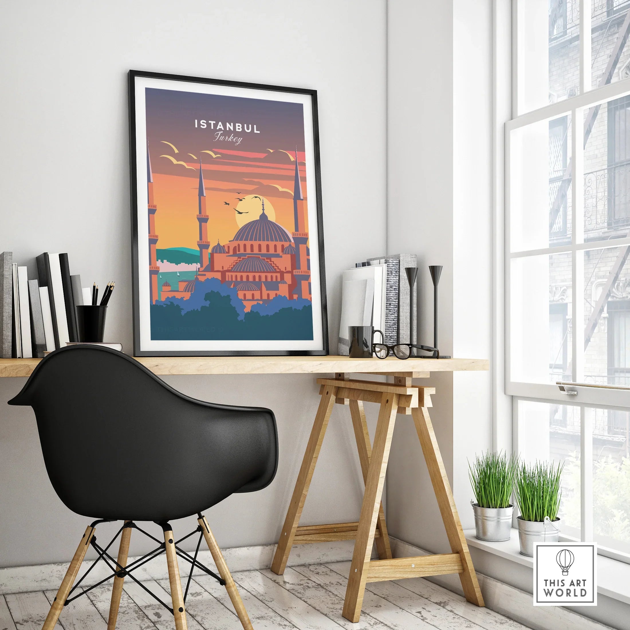 Istanbul Turkey travel poster with skyline art, perfect for home decor and wall art.