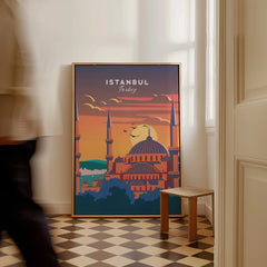 Istanbul Turkey travel poster with mosque skyline at sunset, framed wall art for home decor