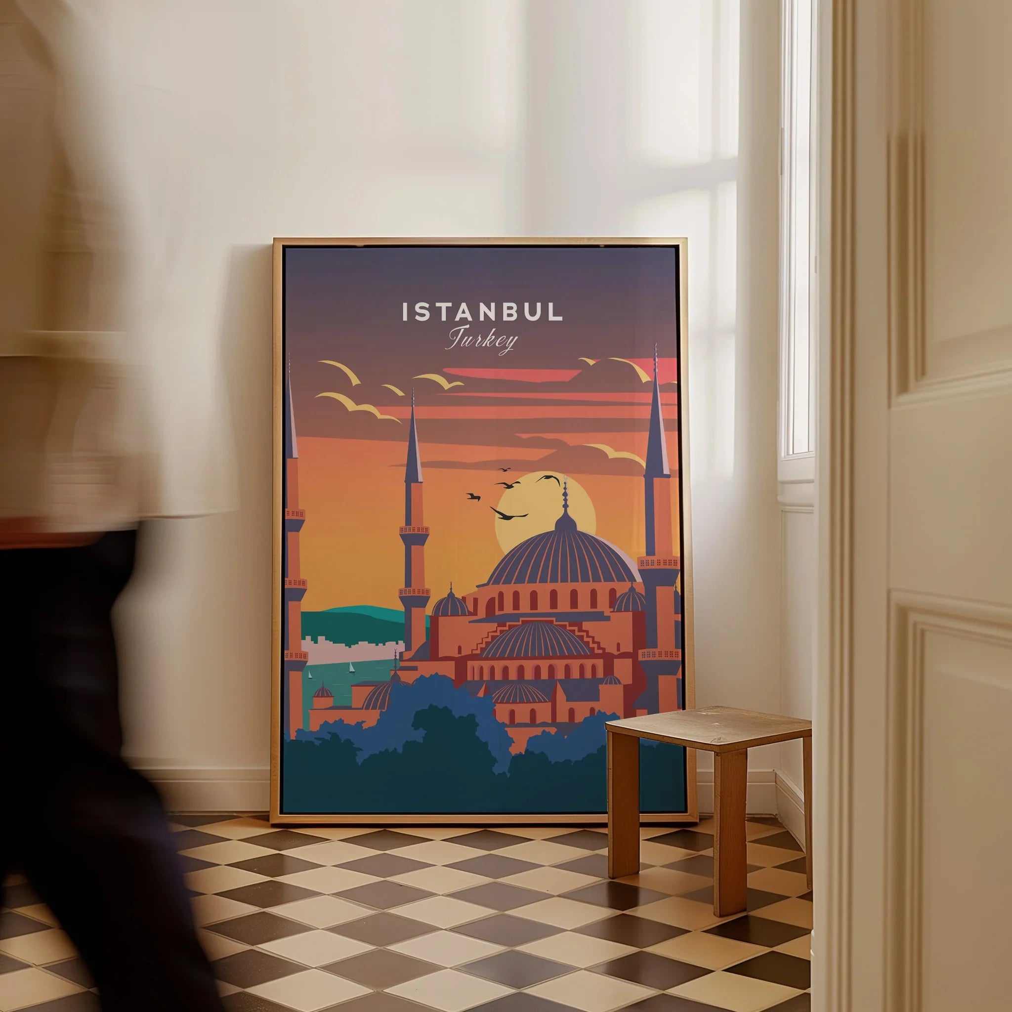 Istanbul Turkey travel poster with mosque skyline at sunset, framed wall art for home decor