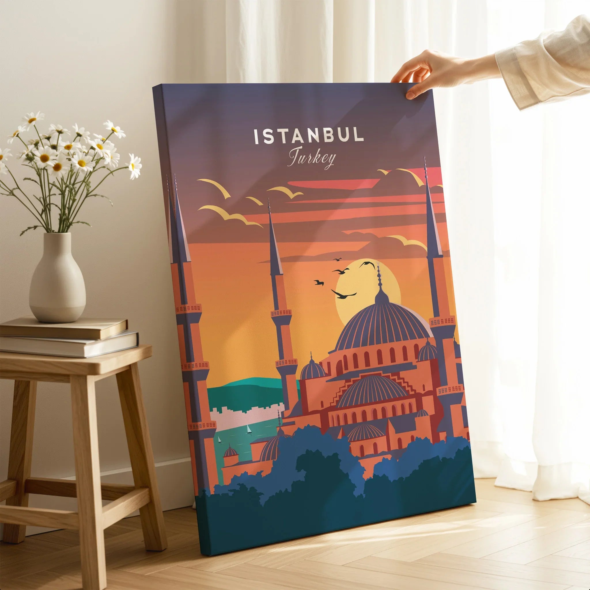 Istanbul Turkey travel poster wall art with mosque skyline at sunset, home decor print