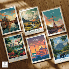 Framed travel posters of Venice, Paris, Singapore, Istanbul, Sri Lanka & The Highlands for wall art decor