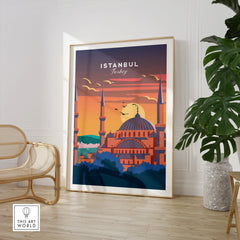 Istanbul Turkey travel poster with sunset skyline, domes, and minarets, perfect for city wall art decor.