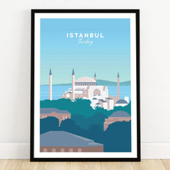 Istanbul Turkey travel poster with Hagia Sophia skyline art, perfect for home decor wall art