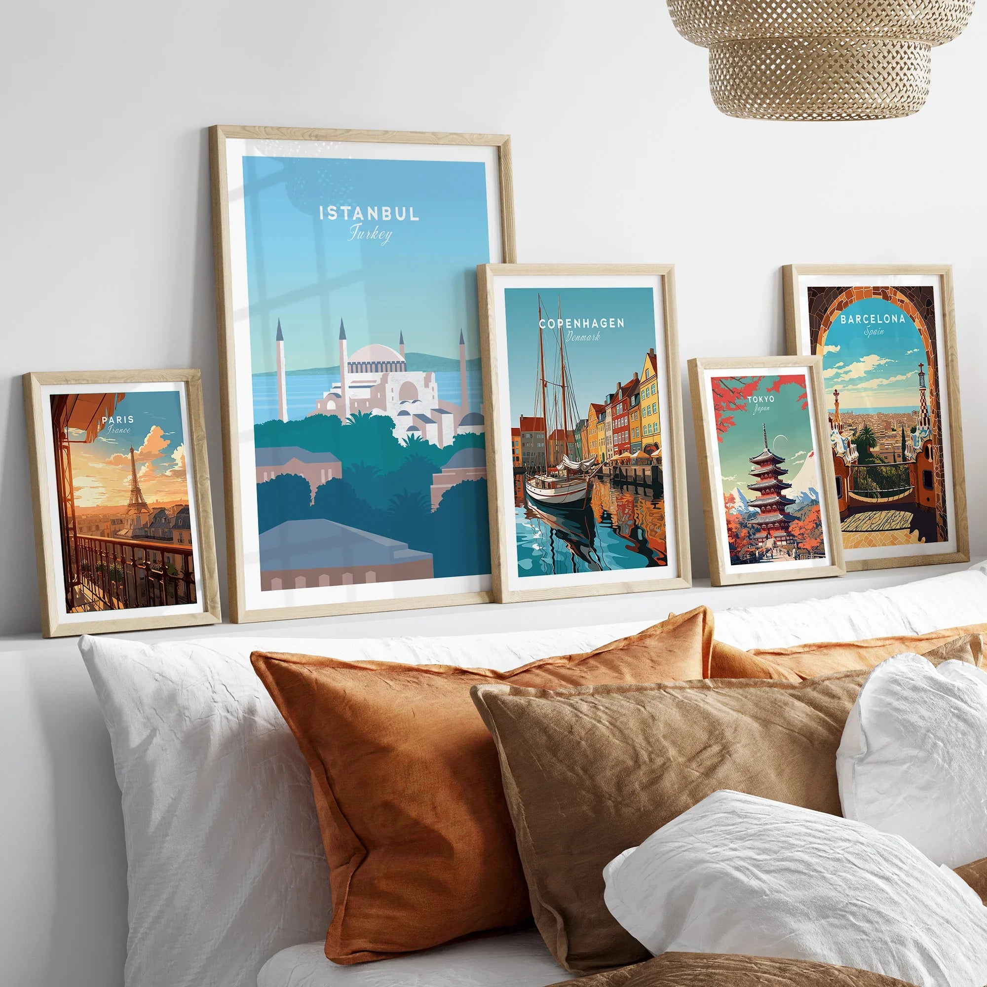 Framed travel posters of Paris, Istanbul, Copenhagen, Tokyo, Barcelona for home wall art decor