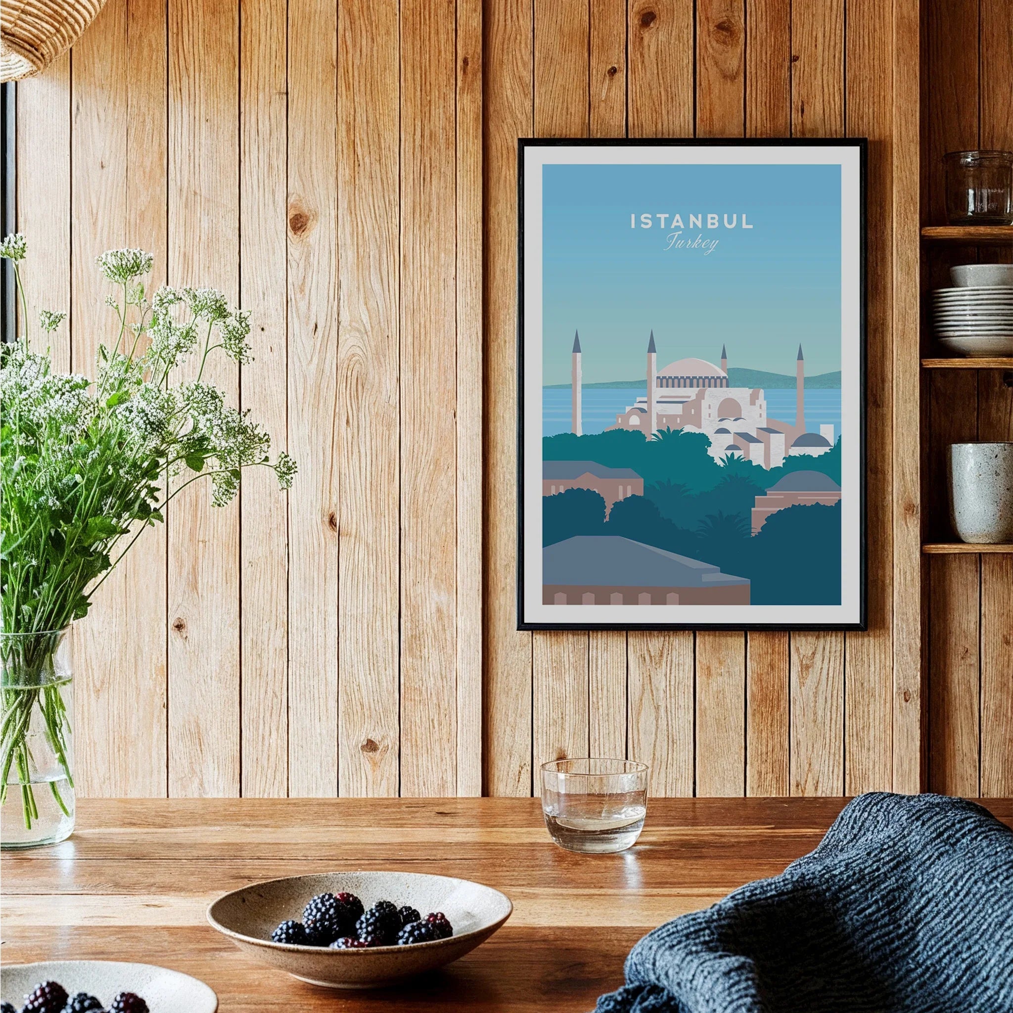 Istanbul Turkey travel poster wall art featuring Hagia Sophia skyline, perfect for home decor