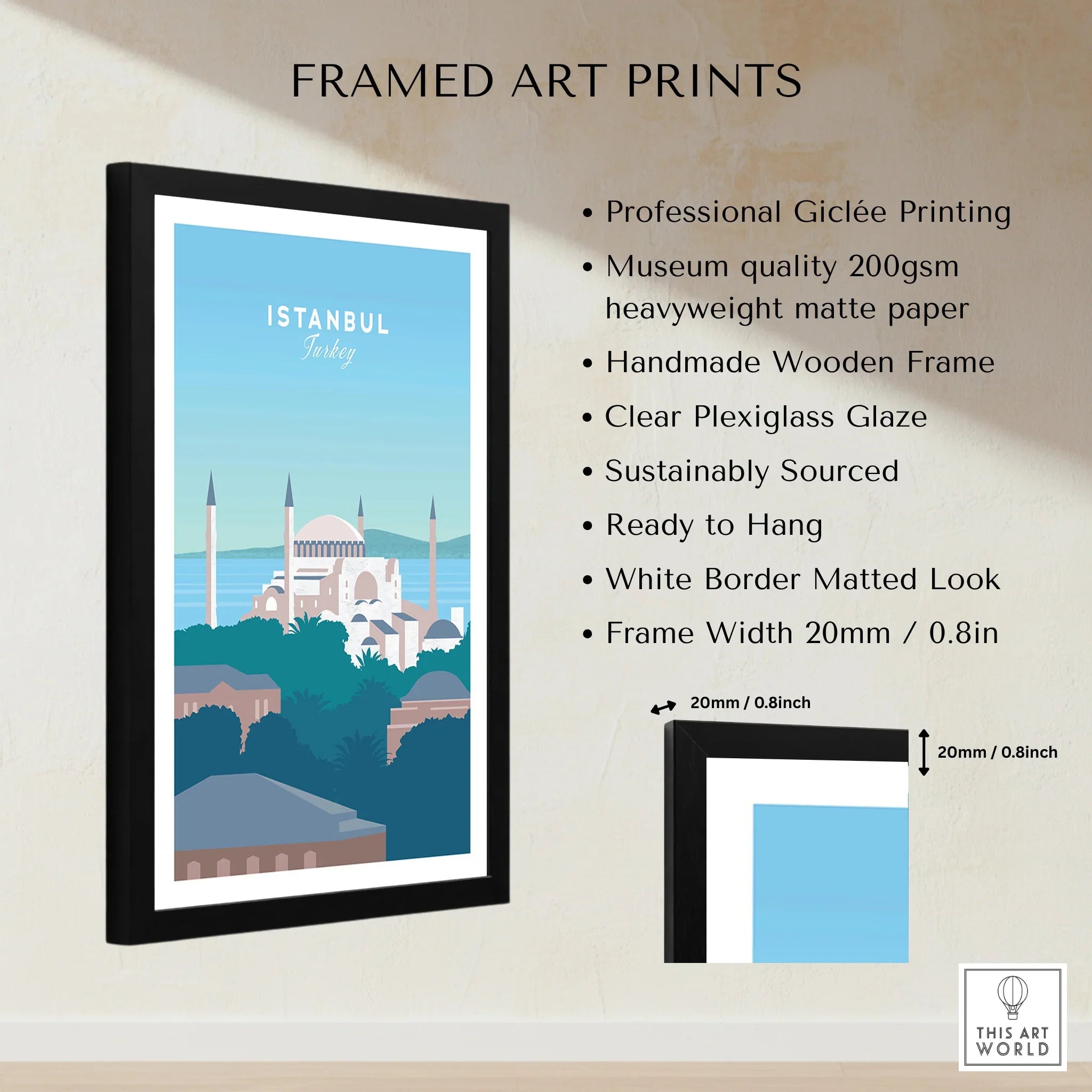Istanbul Turkey travel poster art print in black frame, city skyline wall decor with white mat