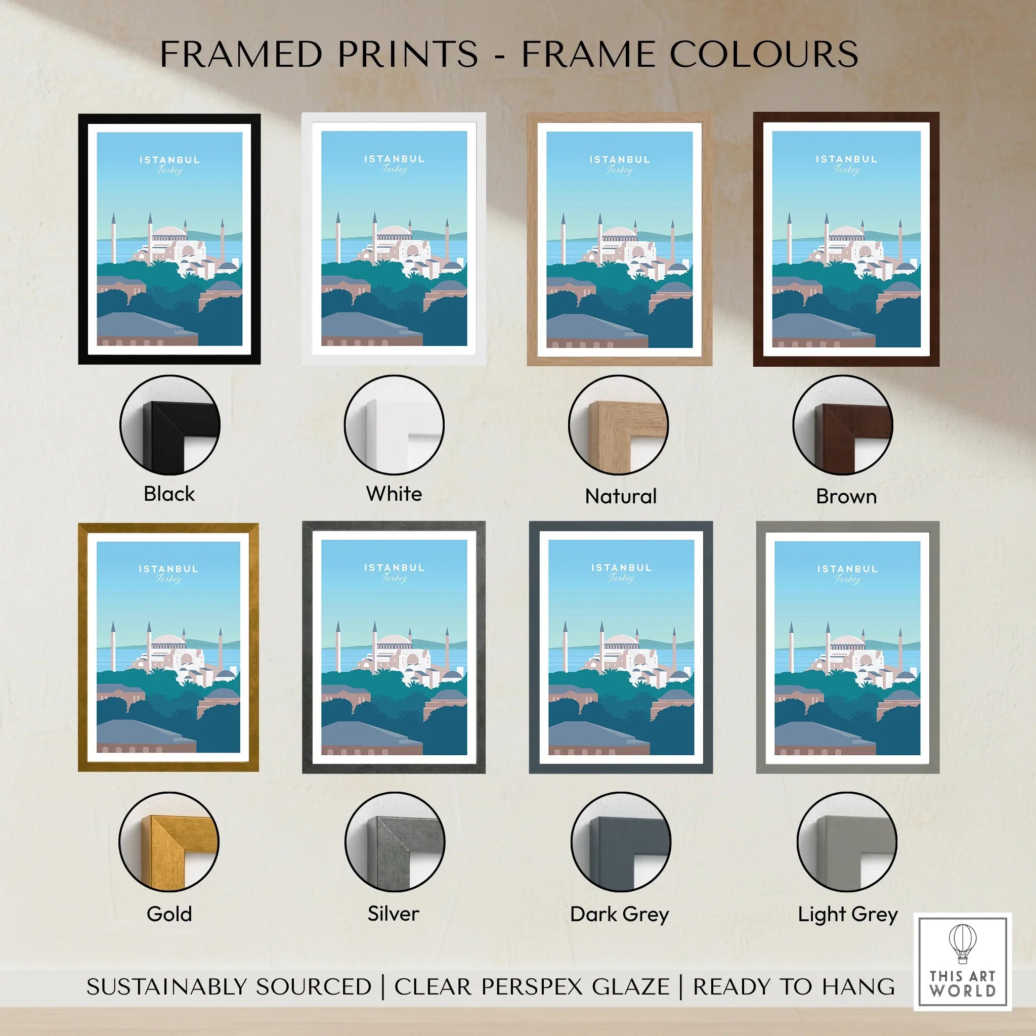 Istanbul travel poster in eight frame colors: black, white, natural, brown, gold, silver, dark grey, light grey