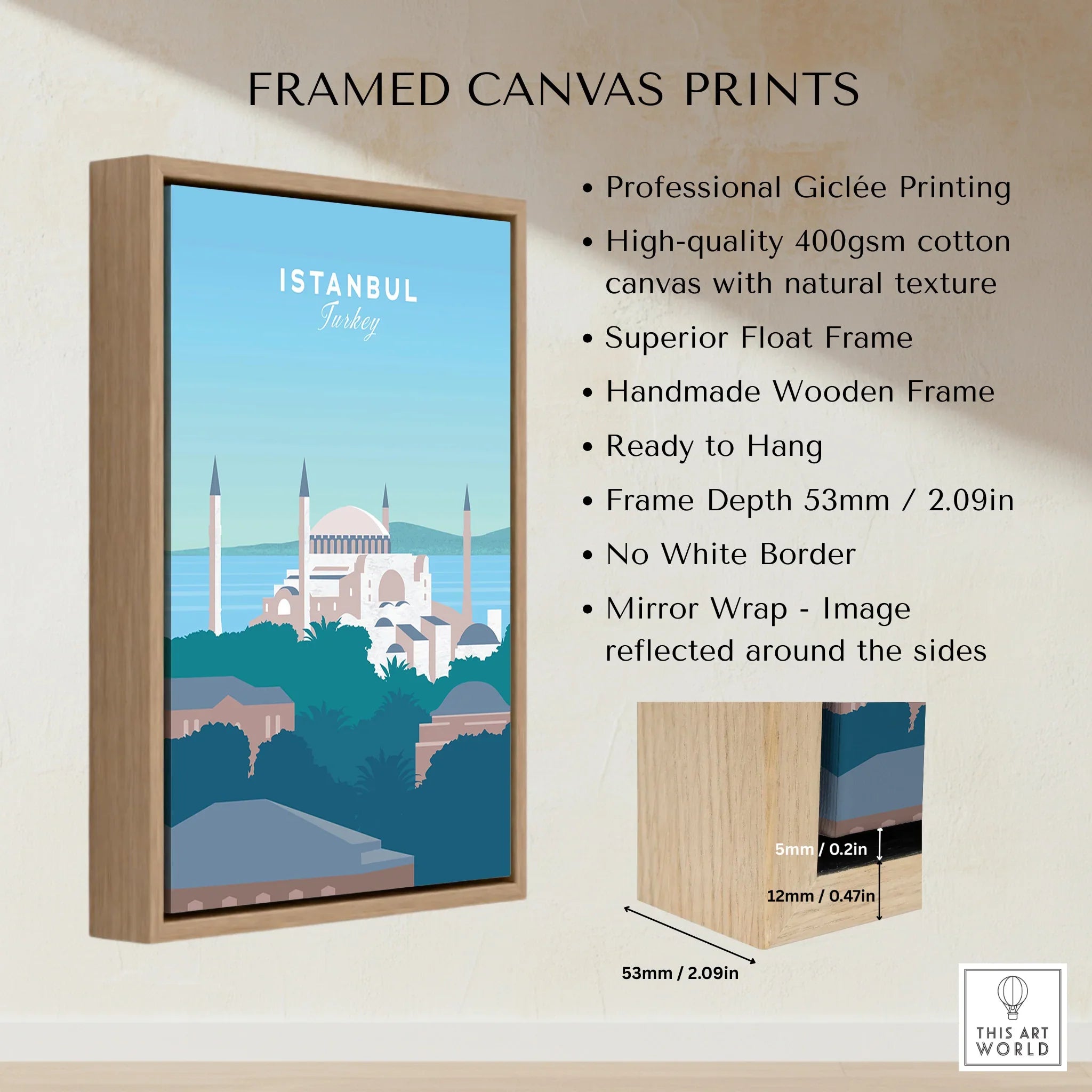 Istanbul Turkey travel poster print in wooden frame, featuring skyline art with Hagia Sophia, ideal for home decor wall art.