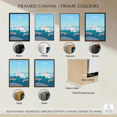 Istanbul travel poster in six frame colors: black, white, natural, brown, gold, silver. Float frame canvas, ready to hang.
