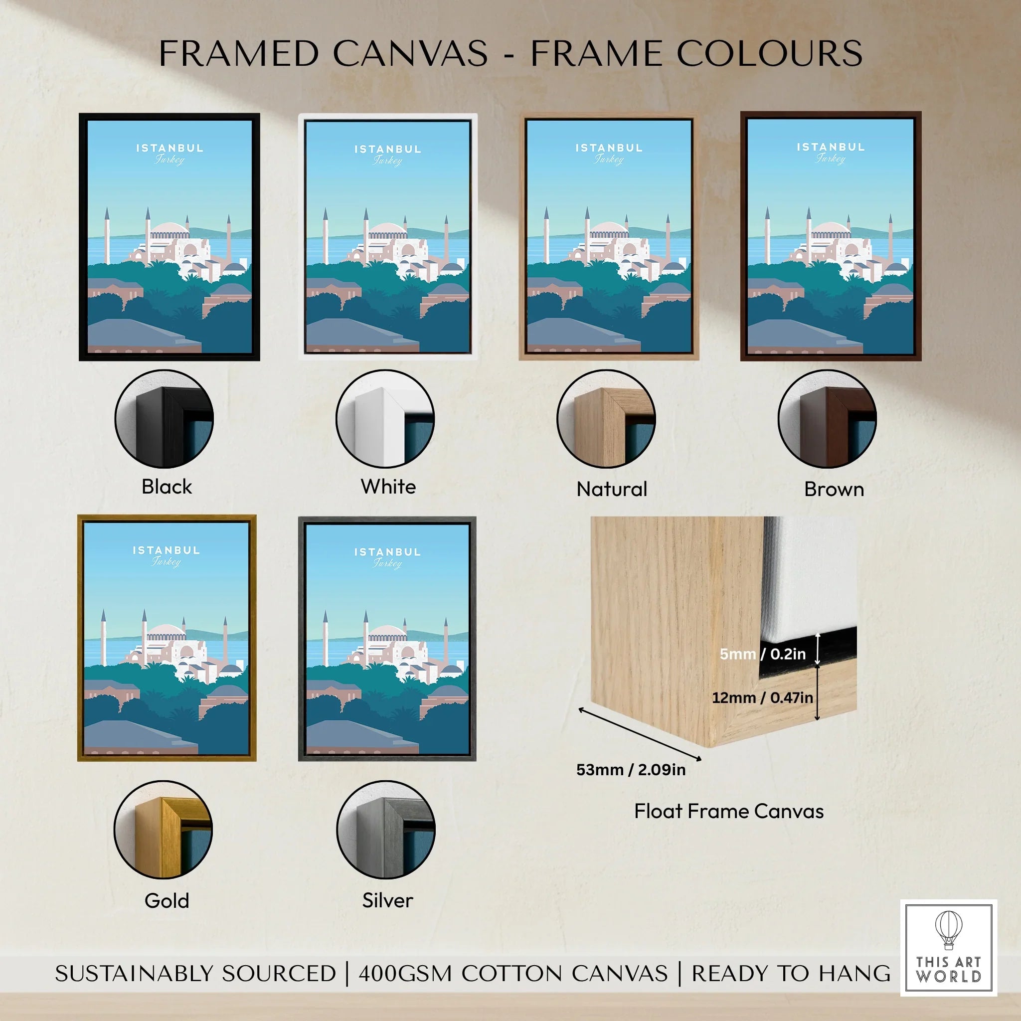 Istanbul travel poster in six frame colors: black, white, natural, brown, gold, silver. Float frame canvas, ready to hang.