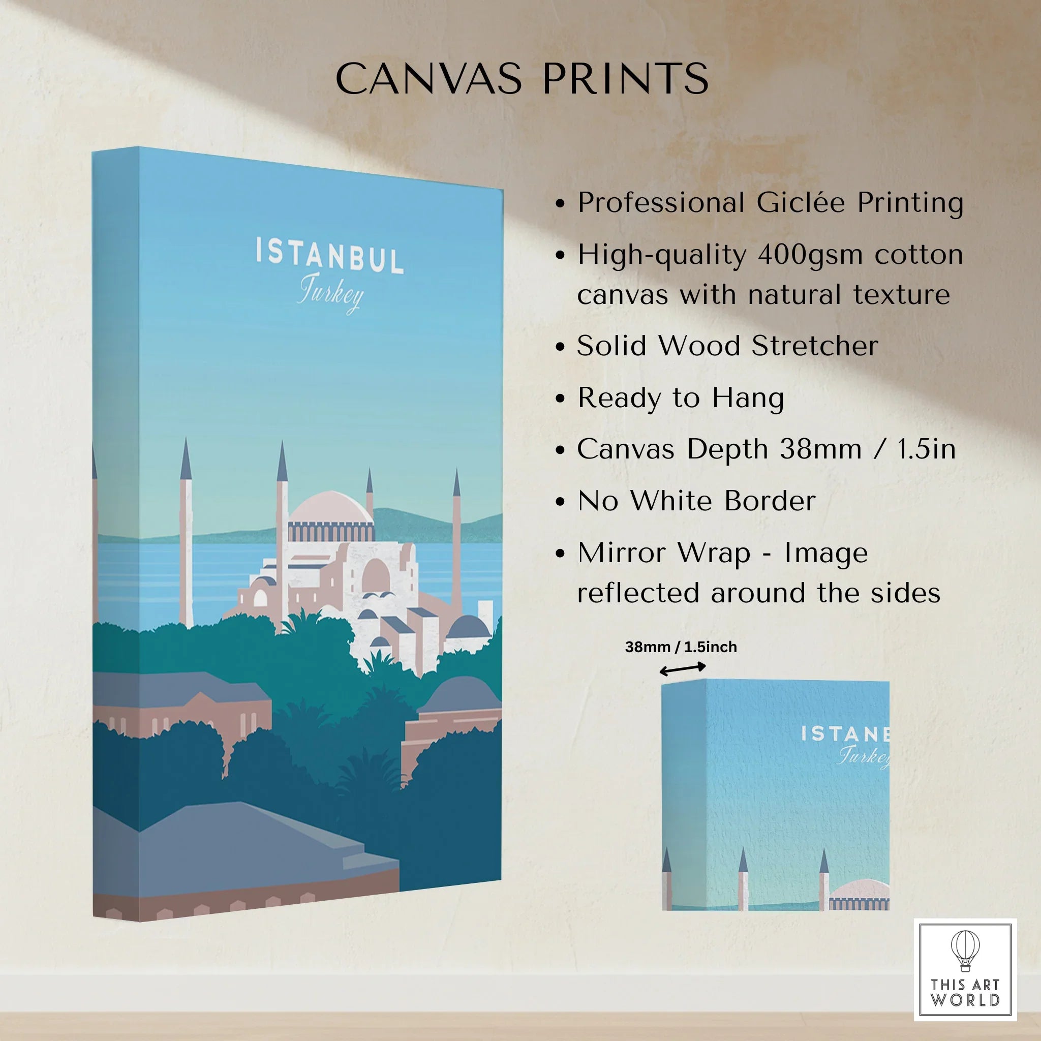 Istanbul Turkey canvas print wall art with skyline, mosque, and water view for home decor