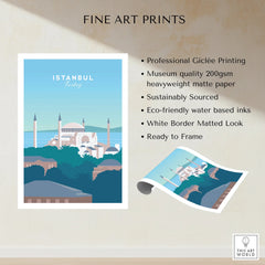 Istanbul Turkey travel poster print with Hagia Sophia, blue sky, and white border, ready to frame wall art