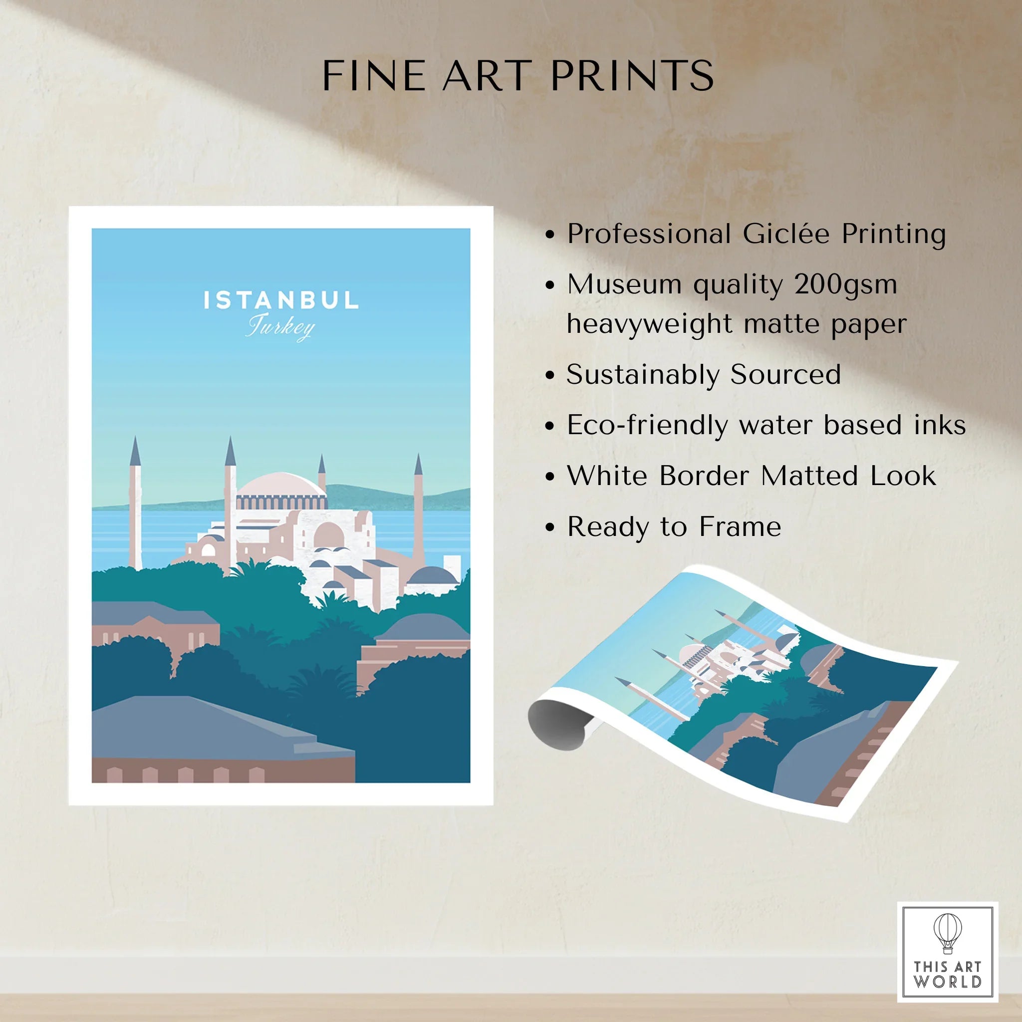 Istanbul Turkey travel poster print with Hagia Sophia, blue sky, and white border, ready to frame wall art