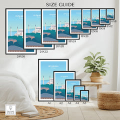 Istanbul Turkey travel poster size guide for wall art, available in multiple dimensions for home decor.