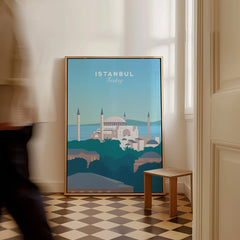 Istanbul Turkey travel poster wall art with skyline, mosque, and sea view for home decor