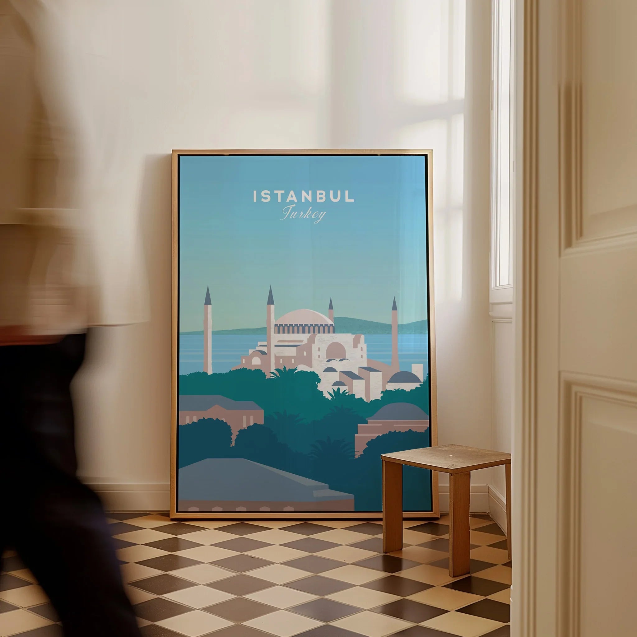 Istanbul Turkey travel poster wall art with skyline, mosque, and sea view for home decor