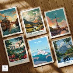 Framed travel posters of Venice, Paris, Singapore, Istanbul, Sri Lanka & The Highlands for wall art decor