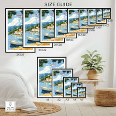 Ithaca Greece Poster Print | Coastal Village Wall Art with Sailboat size guide showcasing various frame sizes.