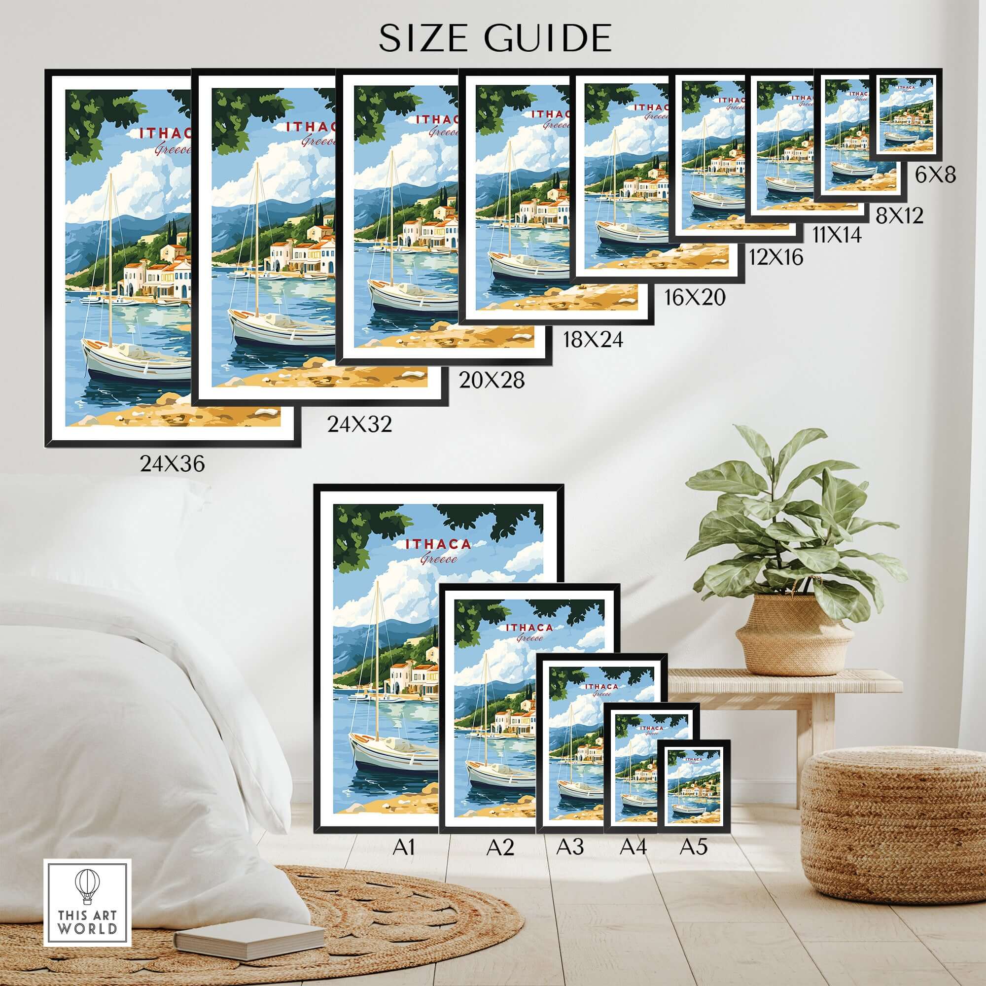 Ithaca Greece Poster Print | Coastal Village Wall Art with Sailboat size guide showcasing various frame sizes.