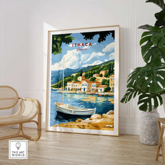 Ithaca Greece Poster Print | Coastal Village Wall Art with Sailboat displayed in a stylish interior.