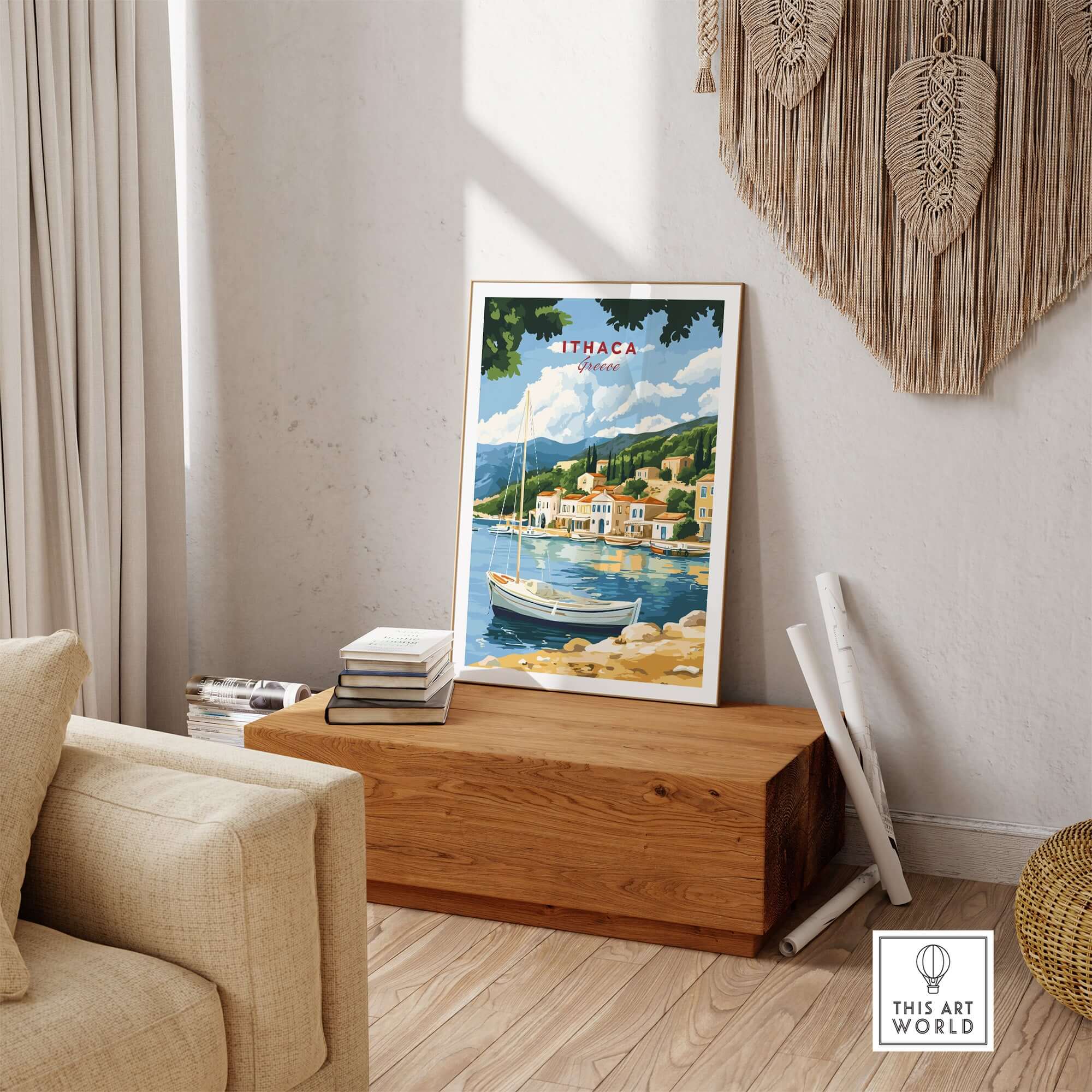 Ithaca Greece Poster Print | Coastal Village Wall Art with Sailboat showcasing serene coastal beauty.