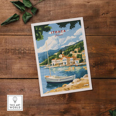 Ithaca Greece Poster Print | Coastal Village Wall Art with Sailboat featuring a serene coastal scene and sailboat.