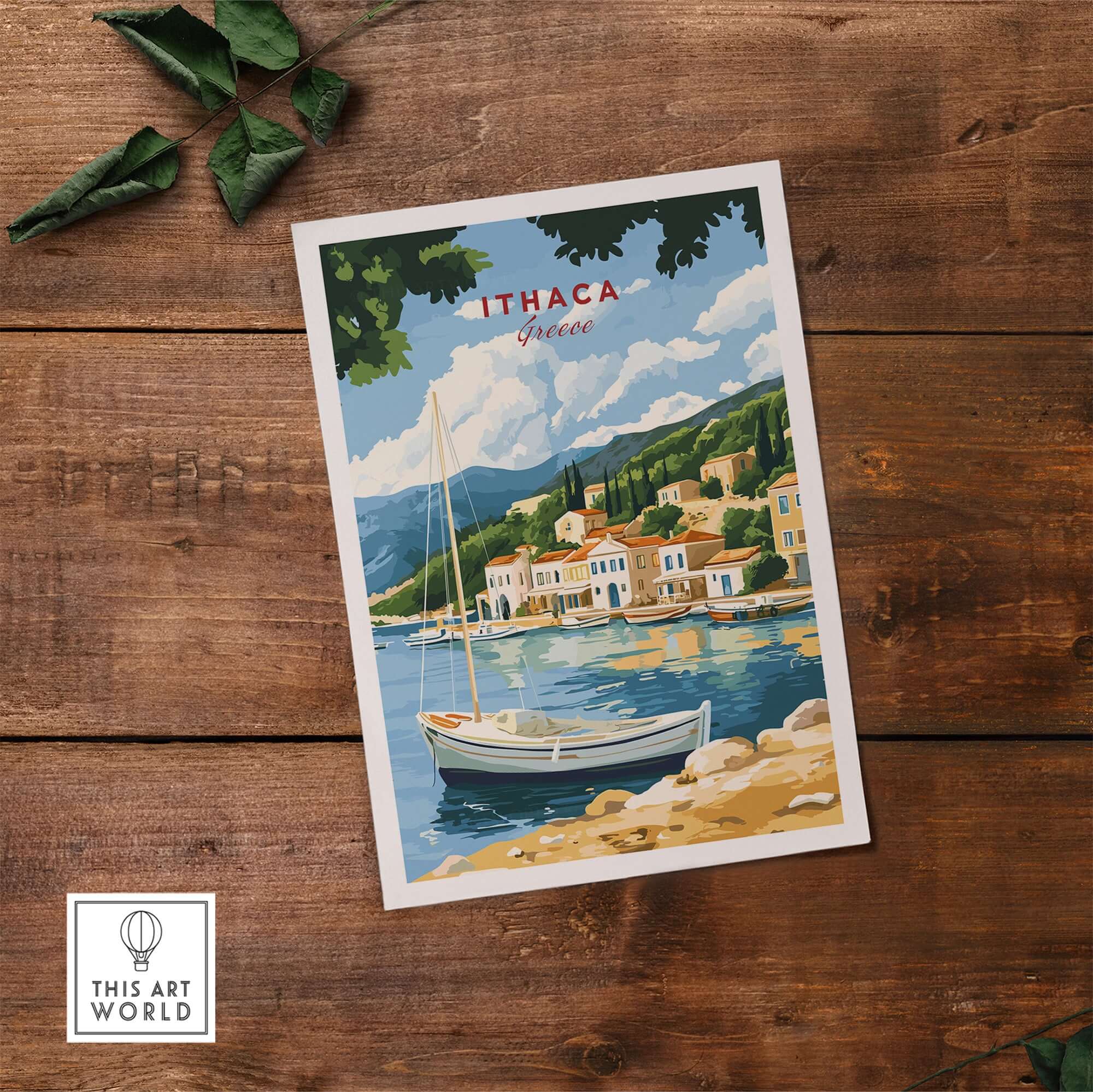 Ithaca Greece Poster Print | Coastal Village Wall Art with Sailboat featuring a serene coastal scene and sailboat.