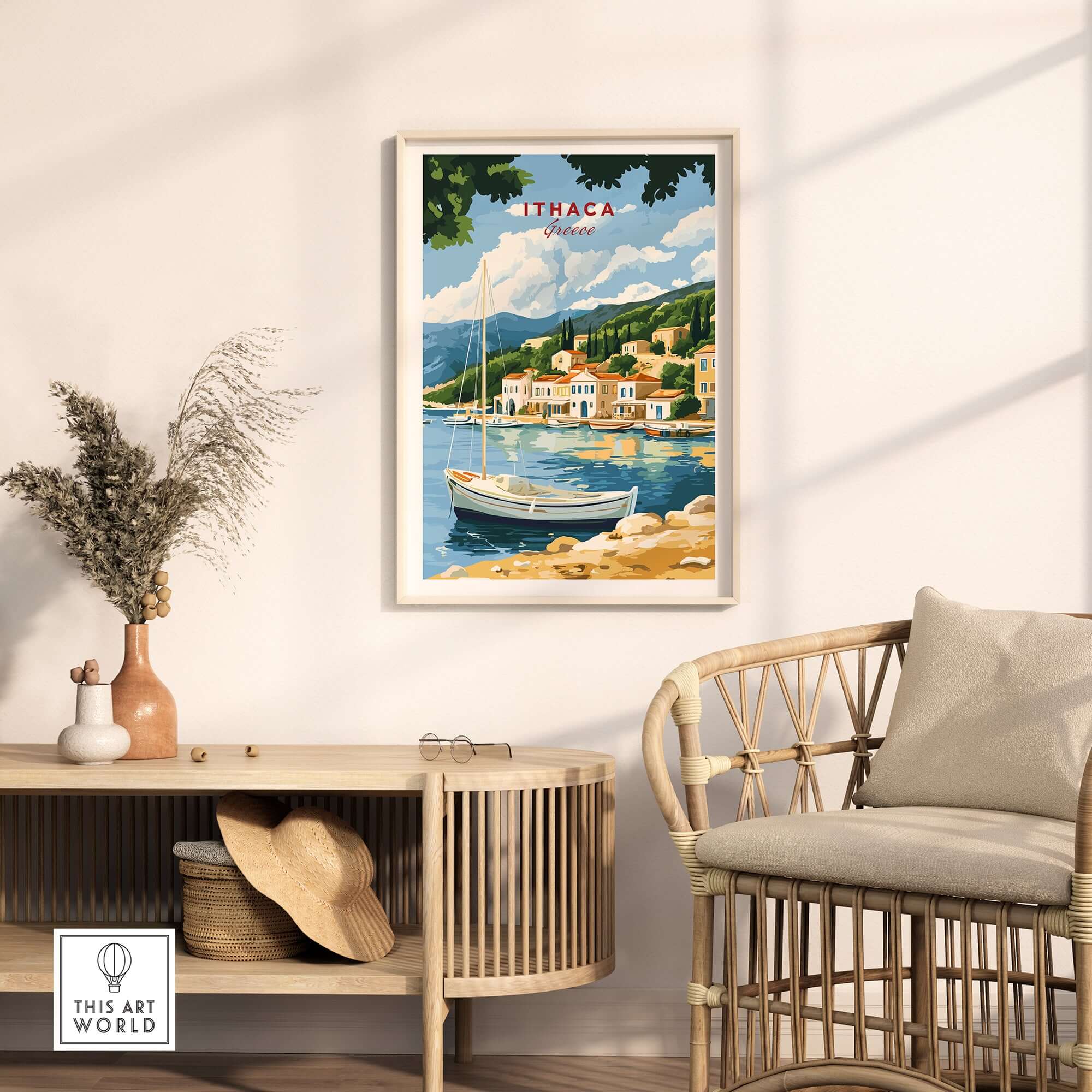 Ithaca Greece Poster Print | Coastal Village Wall Art with Sailboat displayed in a cozy living room setting.