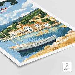 Ithaca Greece Poster Print | Coastal Village Wall Art with Sailboat, showcasing a tranquil coastal scene with a sailboat.