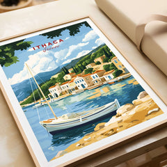 Ithaca Greece Poster Print | Coastal Village Wall Art with Sailboat, depicting serene Mediterranean scenery.