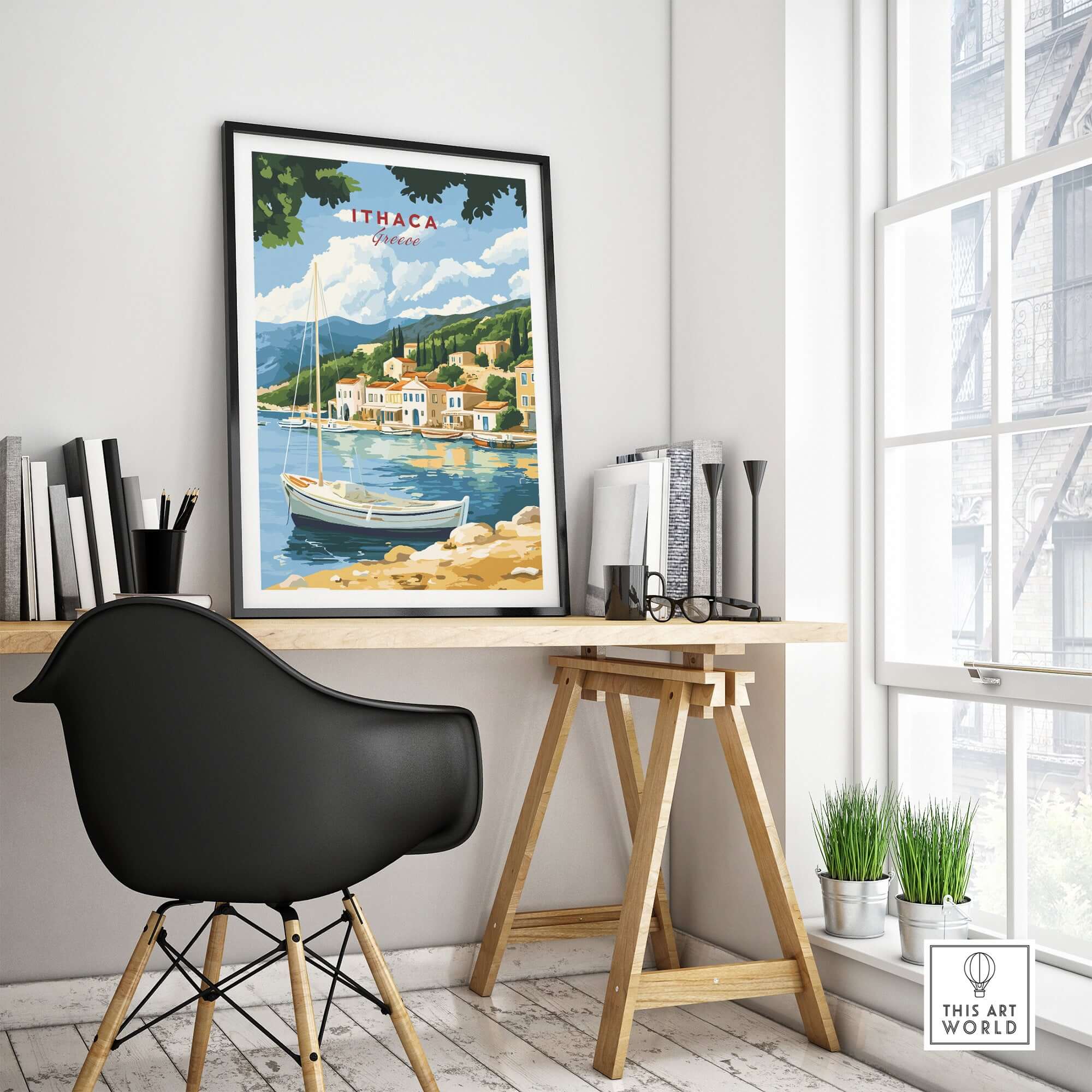 Ithaca Greece Poster Print | Coastal Village Wall Art with Sailboat displayed in a stylish home office.