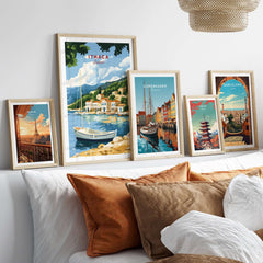 Ithaca Greece Poster Print | Coastal Village Wall Art with Sailboat displayed on a cozy bed with decorative pillows.